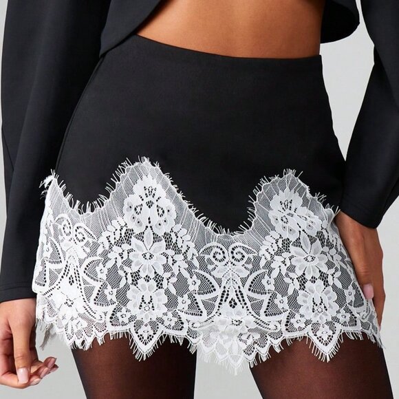 Dresses & Skirts - Black and White High Preppy Womens Waisted Mini Skirt w/Eyelash Lace Hem